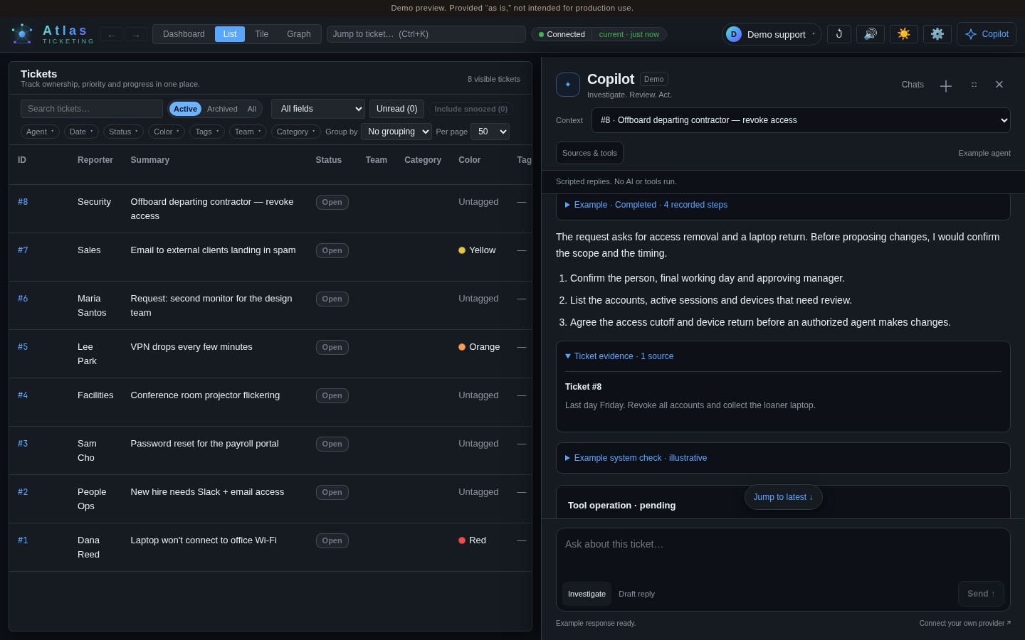 Atlas in the browser with demo data: a ticket list on the left and the ticket copilot on the right, showing its plan and the evidence it used.