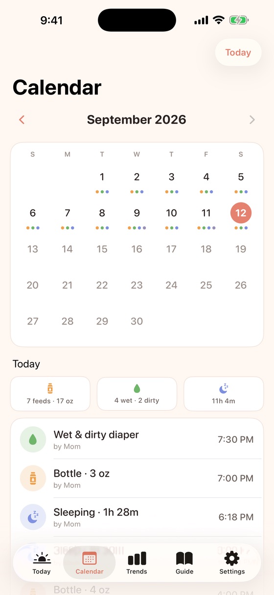 Mina's Calendar screen: a month view with a dot per logged event, and today's entries listed below.